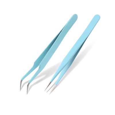 HANRUO Tweezers Bend+Straight New Stainless Steel Industrial Anti-Static Cross Tweezers Sewing Accessories Tools (Color : Blue 1 Set)