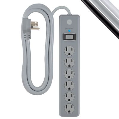 GE 6-Outlet Surge Protector, 8 Ft Extension Cord, Power Strip, 800 Joules, Flat Plug, Twist-to-Close Safety Covers, UL Listed, Gray, 61344