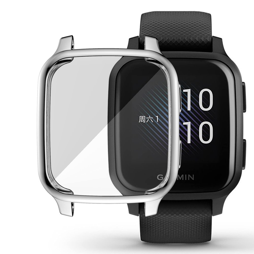 Compatible with Garmin Venu Sq Waterproof Protective Case Soft TPU Plated All Around Scratch-Proof Screen Protector Cover for Garmin Venu Sq GPS Smartwatch (Silver)