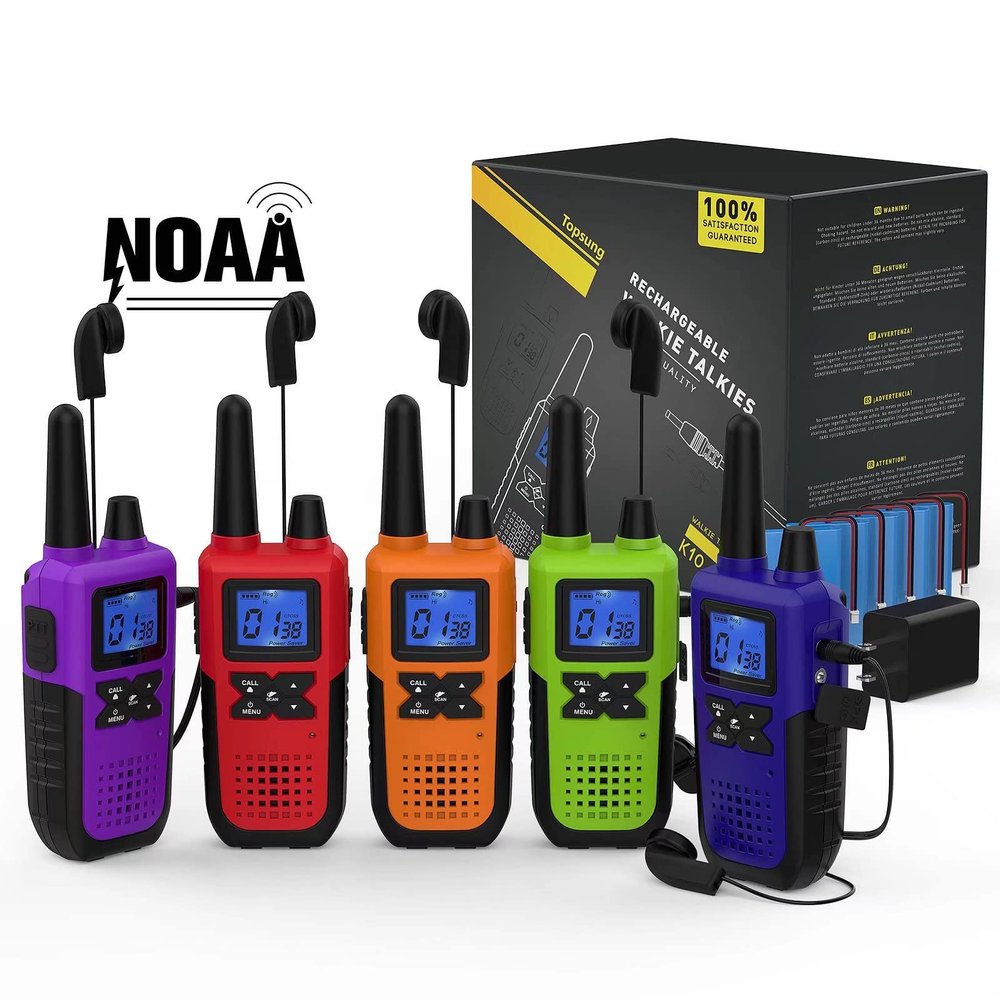 Topsung Walkie Talkies for Adults Long Range Rechargeable with Earpiece NOAA Weather Alert, Multi-purpose 2 Way Radio 5 Pack for Team Work Senior Care Kid Adventure Family Camping Hiking Skiing Cruise