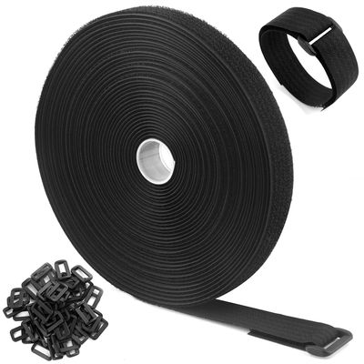WSZJINB 32Ft x 0.8In Adjustable Cable Straps with 50 Buckles, Free Cut Length, Black Reusable Fastening Cable Ties, Hook and Loop Securing Strap for Cable Tidy, Wire Management, Cord Organiser