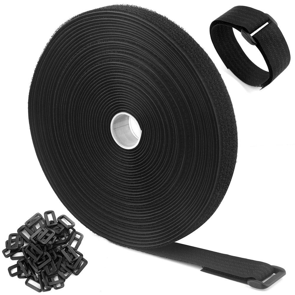 WSZJINB 32Ft x 0.8In Adjustable Cable Straps with 50 Buckles, Free Cut Length, Black Reusable Fastening Cable Ties, Hook and Loop Securing Strap for Cable Tidy, Wire Management, Cord Organiser