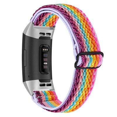 TryBest Soft Replacement Wristbandd Compatible with Fitbit Charge 3/Charge 4, Women Men Nylon Sport Wristband Adjustable 5.3-8.3 inch Soft Elastic Knit Strap - Rainbow