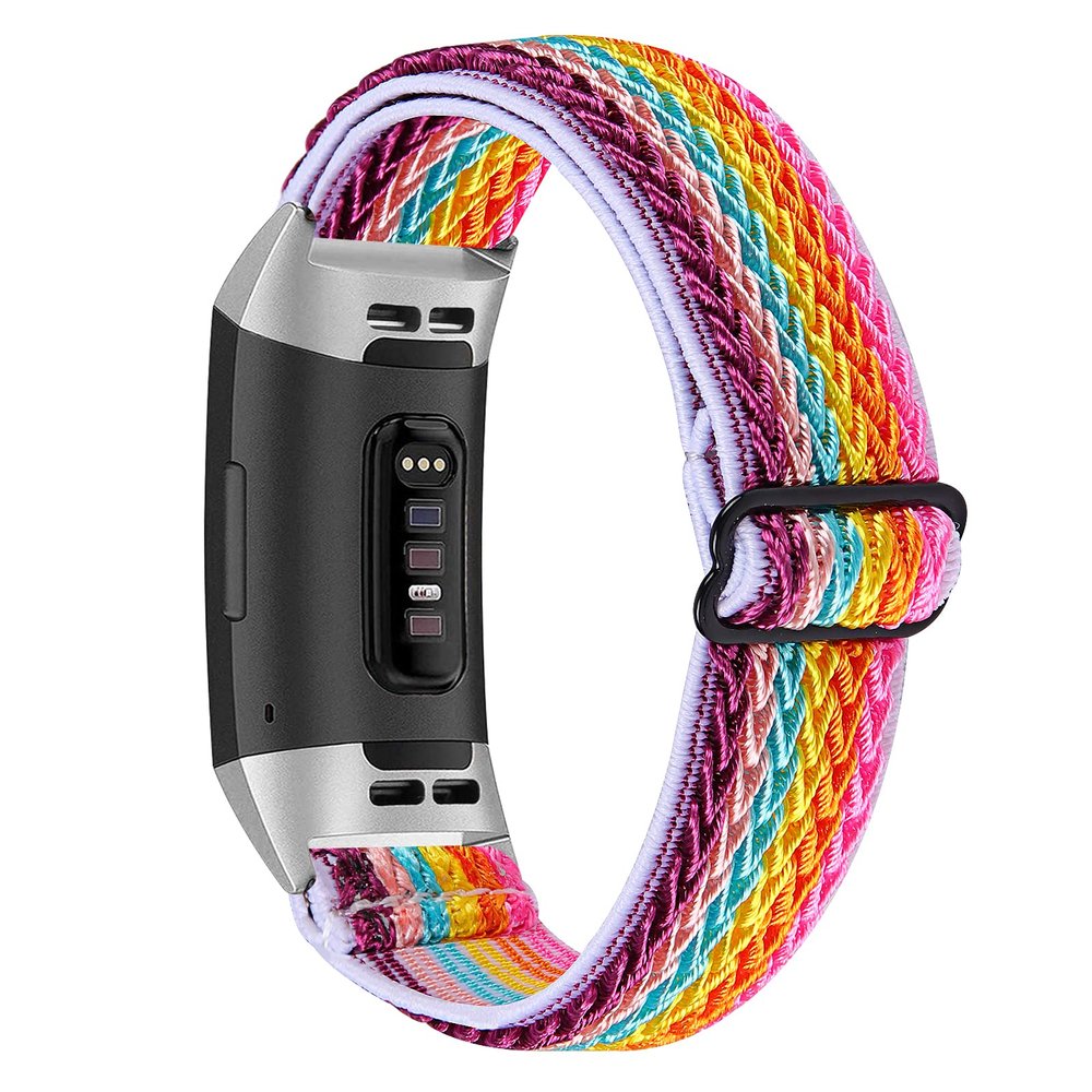 TryBest Soft Replacement Wristbandd Compatible with Fitbit Charge 3/Charge 4, Women Men Nylon Sport Wristband Adjustable 5.3-8.3 inch Soft Elastic Knit Strap - Rainbow