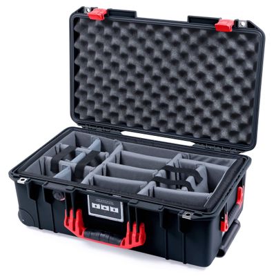 Black Pelican 1535 case, with red Handles & latches. Comes with Grey Padded dividers.