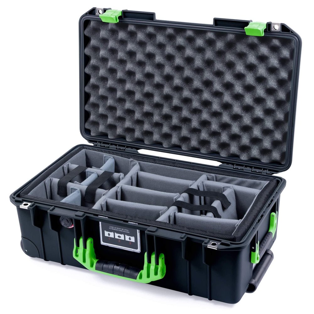 Black Pelican 1535 case, with lime green handles & latches. Comes with grey padded dividers.