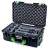 Black Pelican 1535 case, with lime green handles & latches. Comes with grey padded dividers. view 1