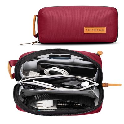 Tech Bag Organizer - Small Electronics Organizer Pouch for Travel - Premium Travel Case with Leather Accents - Mesh Pocket for Cables, Cords and Chargers (Red)