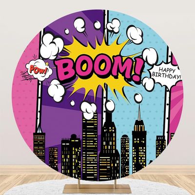Renaiss 5x5ft Superhero Round Backdrop Cover for Photoshoot Kids Girls Boys Portrait Skyscrapers Purple Blue City Night Circle Photography Background Happy Birthday Party Decor Photo Booth Props