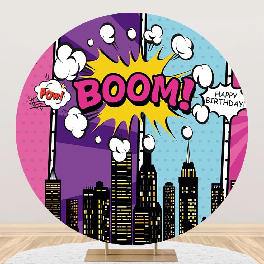 Renaiss 5x5ft Superhero Round Backdrop Cover for Photoshoot Kids Girls Boys Portrait Skyscrapers Purple Blue City Night Circle Photography Background Happy Birthday Party Decor Photo Booth Props
