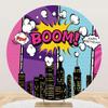 Renaiss 5x5ft Superhero Round Backdrop Cover for Photoshoot Kids Girls Boys Portrait Skyscrapers Purple Blue City Night Circle Photography Background Happy Birthday Party Decor Photo Booth Props view 1
