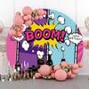Renaiss 5x5ft Superhero Round Backdrop Cover for Photoshoot Kids Girls Boys Portrait Skyscrapers Purple Blue City Night Circle Photography Background Happy Birthday Party Decor Photo Booth Props view 2