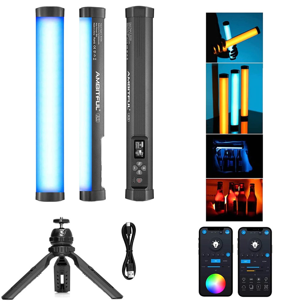 AMBITFUL A2 RGB LED Light Wand -Full Color Magnetic Video Light Stick,Handheld Tube Light with 29 Effects, 2500-8500K, 2500mAh, CRI 95+ for Photography, YouTube, TikTok (A2+Desktop Tripod)