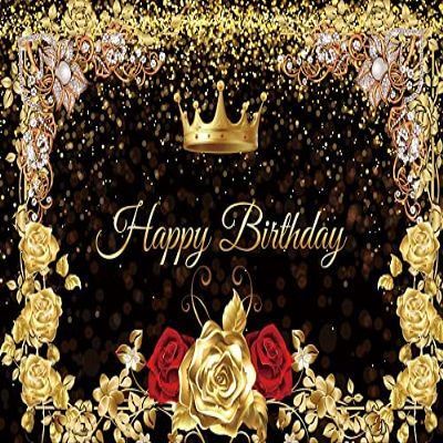 8x6FT Gold and Red Rose Floral Happy Birthday Backdrop Golden Glitter White Pearl Banner Extra Large Golden Sign Poster for Men Women Birthday Anniversary Party Photo Booth Background Banner