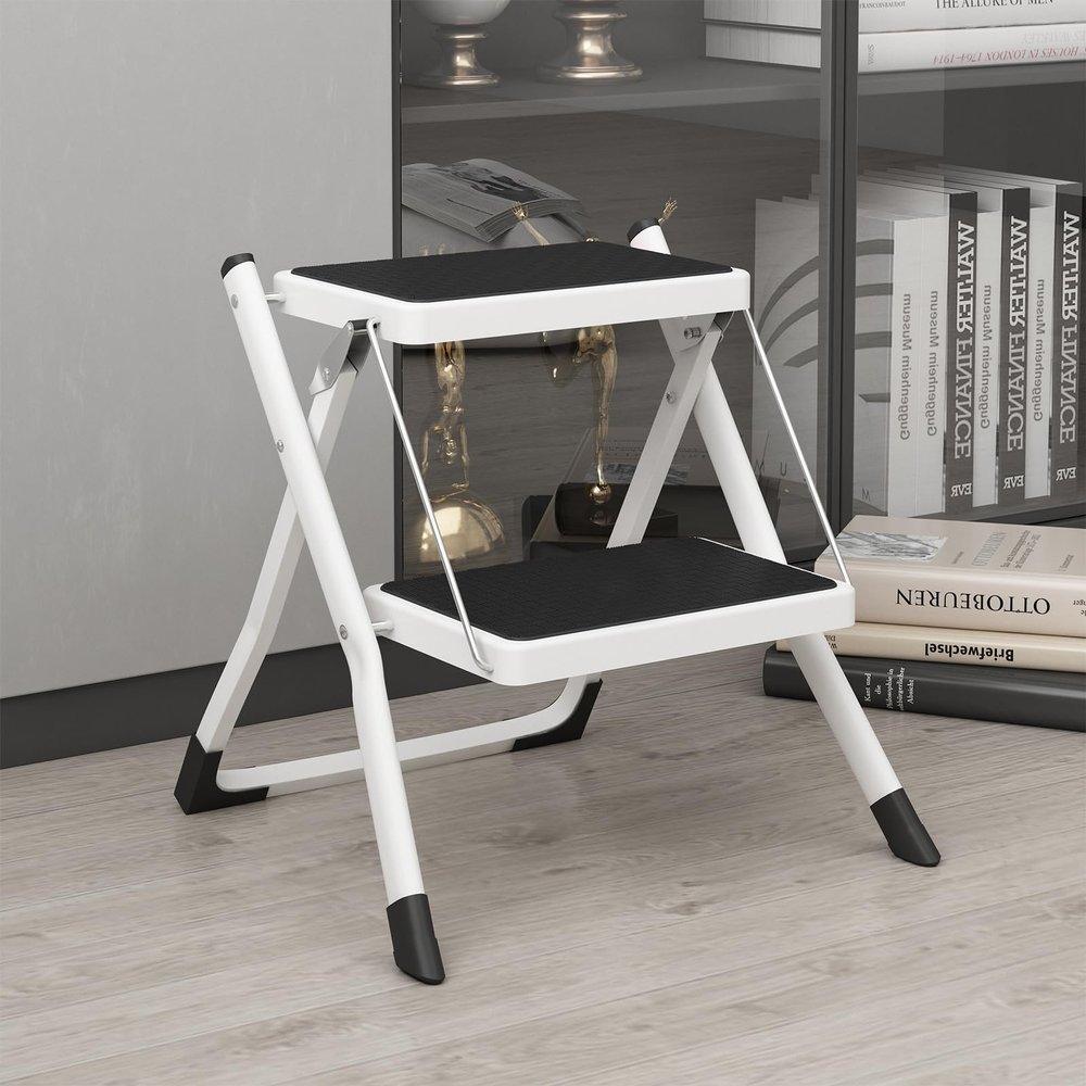 DAWNYIELD 2 Step Stool Folding Step Ladder with Anti-Slip Base and Wide Pedal, Lightweight Sturdy 330 lbs Portable Step Stool for Kitchen Pantry Closet Office Garage Travel Indoor Outdoor Use, White
