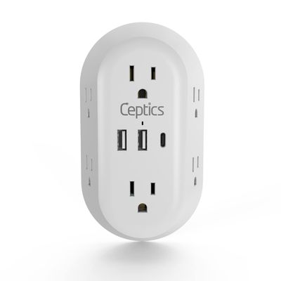 Ceptics Wall Power Strip Charger - Small & Compact - Surge Protector 1800J - Grounded Dual USB + 15W Power USB - 6 USA Outlets Input (15W)