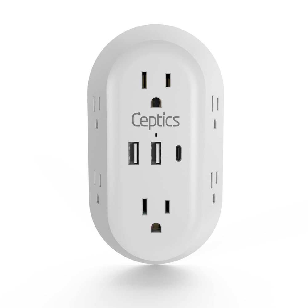 Ceptics Wall Power Strip Charger - Small & Compact - Surge Protector 1800J - Grounded Dual USB + 15W Power USB - 6 USA Outlets Input (15W)