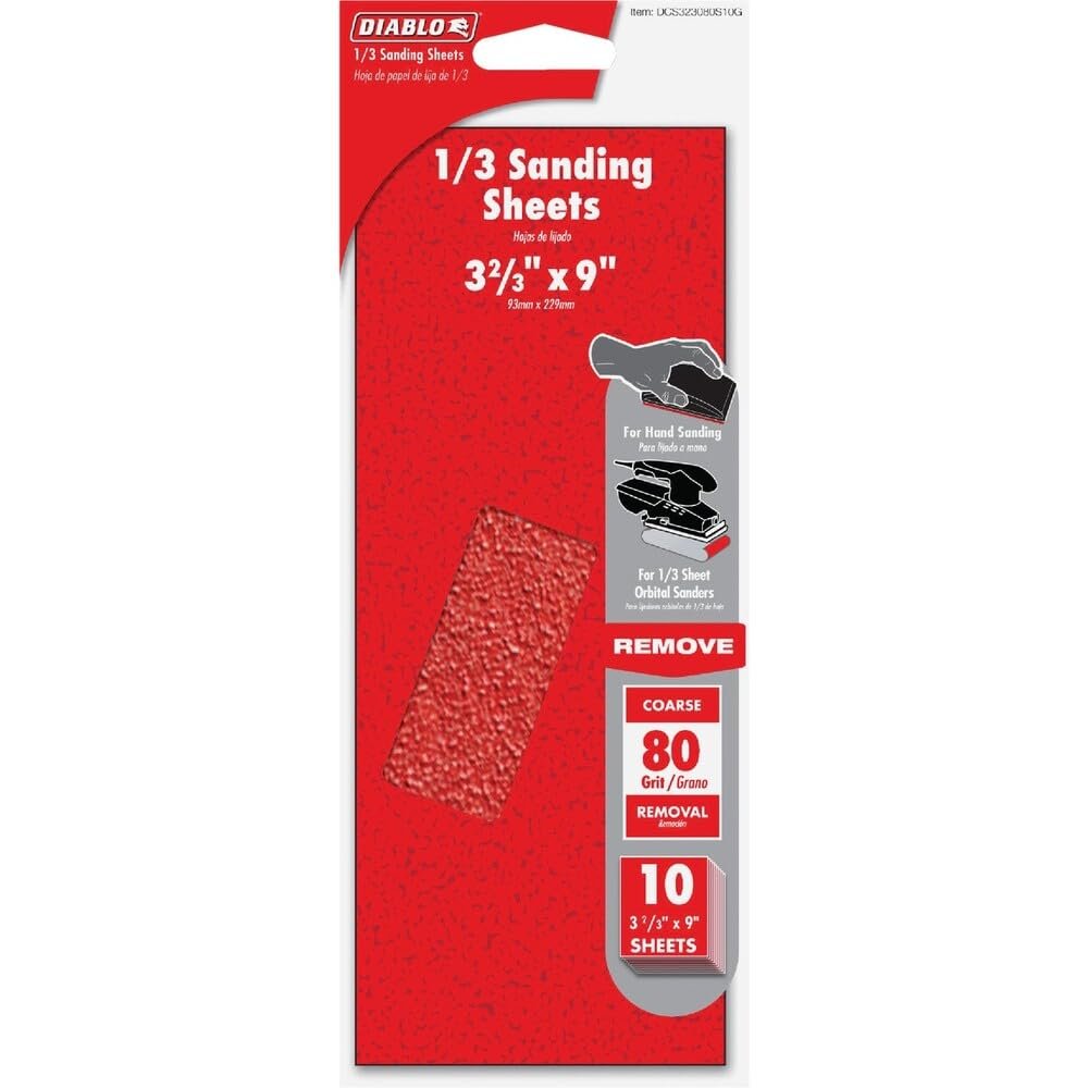 Diablo Premium Sanding Sheets with Ceramic Blend for Paint & Stock Removal - Compatible with Orbital Sanders - 1/3 Sheet, 80-Grit Coarse Ceramic Blend - 10-Piece - DCS323060S10G