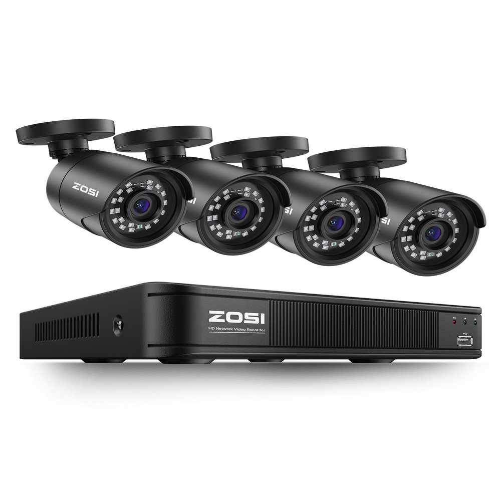 ZOSI 8CH 5MP 3K Lite Surveillance Wired Security Camera System with AI Human Vehicle Detection, 8 Channel H.265+ DVR and 4 x 1080p Bullet Camera Outdoor, 100ft Night Vision, IP66(No HDD Included)