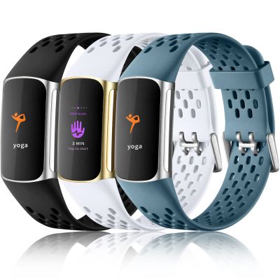 Maledan Compatible with Fitbit Charge 5/6 Bands, 3 Pack Sport Bands - Soft, Waterproof, Breathable Straps for Men & Women - Black/White/Steel Blue