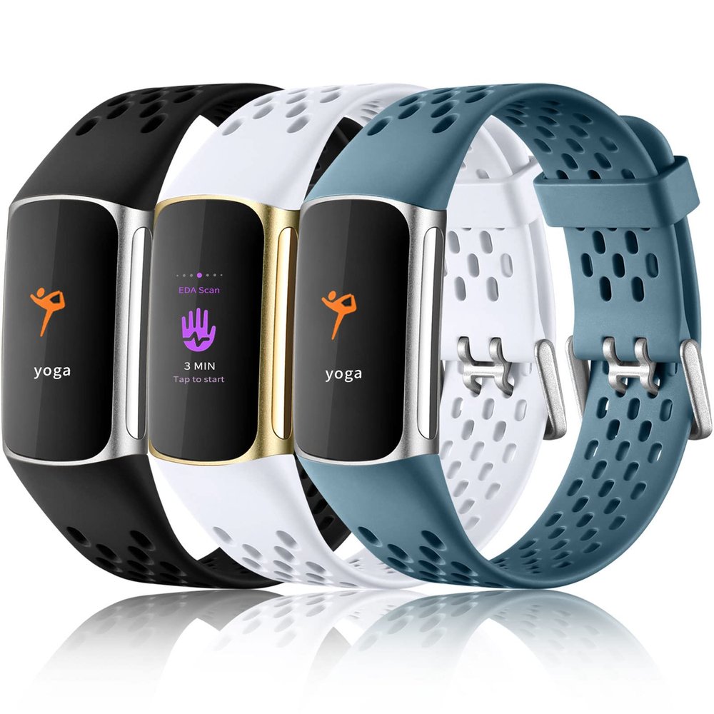 Maledan Compatible with Fitbit Charge 5/6 Bands, 3 Pack Sport Bands - Soft, Waterproof, Breathable Straps for Men & Women - Black/White/Steel Blue