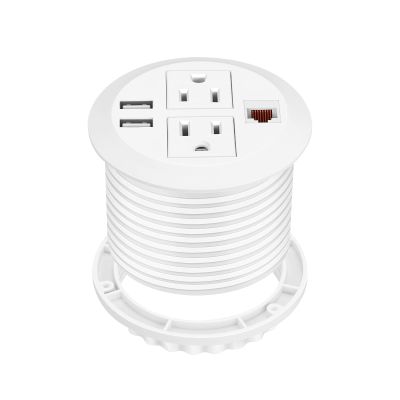 BTU Desktop Power Grommet with USB, 3 inch Hole Recessed Power Outlet, Flush Mount Power Strip Outlet with 2 AC Outlet & 2 USB Ports & 1 CAT6 & 10ft Power Cords for Table, Office, Home, Hotel, White