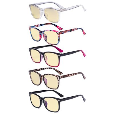 Eyekepper 5 Pack Square Nerd Blue Light Blocking Readers for Women Computer Reading Glasses Yellow Tinted +2.00