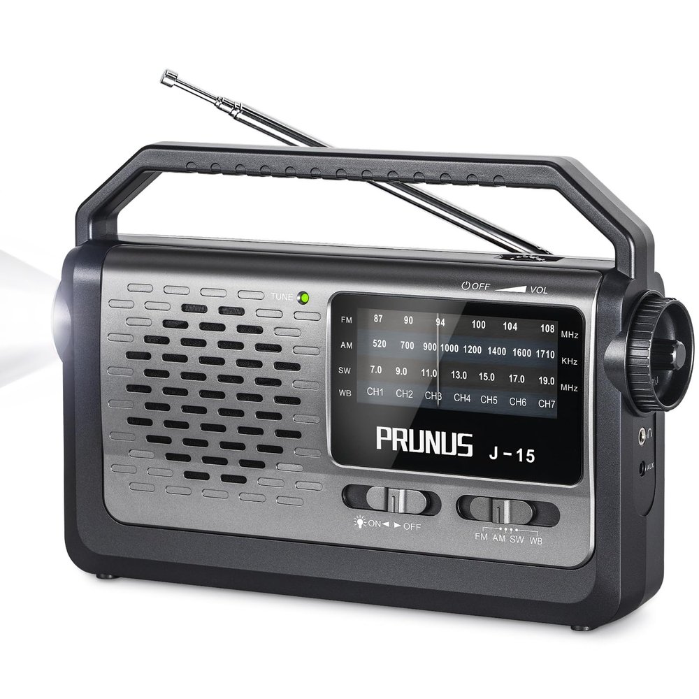 PRUNUS NOAA Weather AM FM Portable Radio,Battery Operated Radio by 3X D Cell Batteries or AC Power with Best Reception,Flashlight, Earphone Jack for Emergency Household&Outdoor,Plug in Wall by J15WB