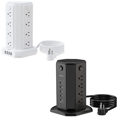 10FT Extension Cord Power Strip Tower, 16 Widely Spaced AC Outlets Surge Protector Flat Plug with 4 USB Port, Individual Switches, 1080 Joules, 1875W 15A Circuit Breaker for Home Office Desktop