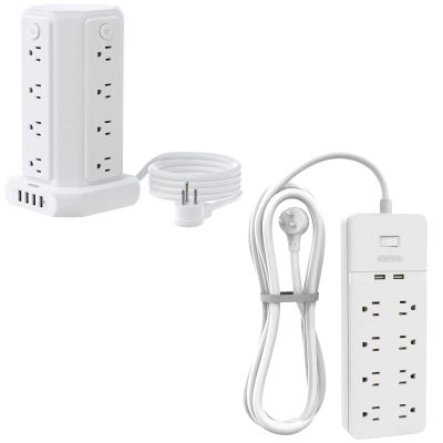 10FT Power Strip Tower and 25 ft Extension Cord Flat Plug Power Strip with USB Bundle, 16 Widely Spaced AC Outlets 4 USB Ports, ETL Listed, Desktop Charging Station Wall Mount for Home Office,White