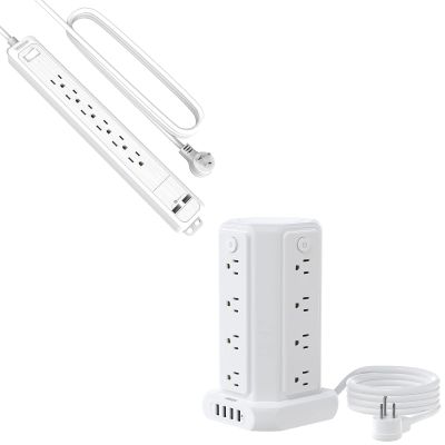 10FT Extension Cord Power Strip Tower and Flat Plug Power Strip with USB Bundle, 16 Widely Spaced AC Outlets 4 Smart USB Ports, ETL Listed, Desktop Charging Station Wall Mount for Home Office, White
