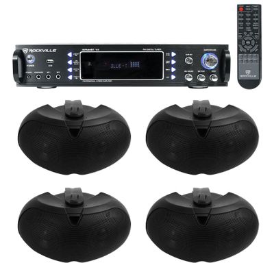 Rockville 4 D4-8 Black Dual 4" Swivel Outdoor Restaurant Patio Speakers+Receiver