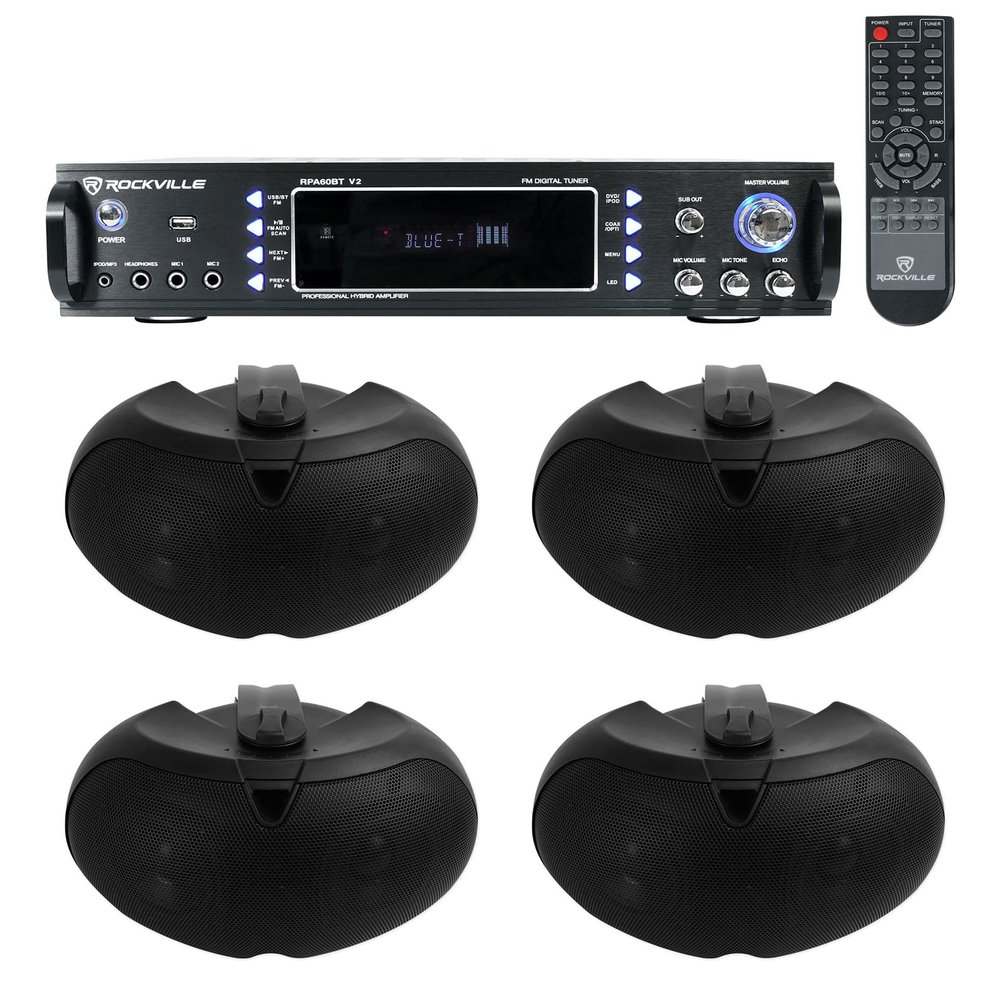 Rockville 4 D4-8 Black Dual 4" Swivel Outdoor Restaurant Patio Speakers+Receiver