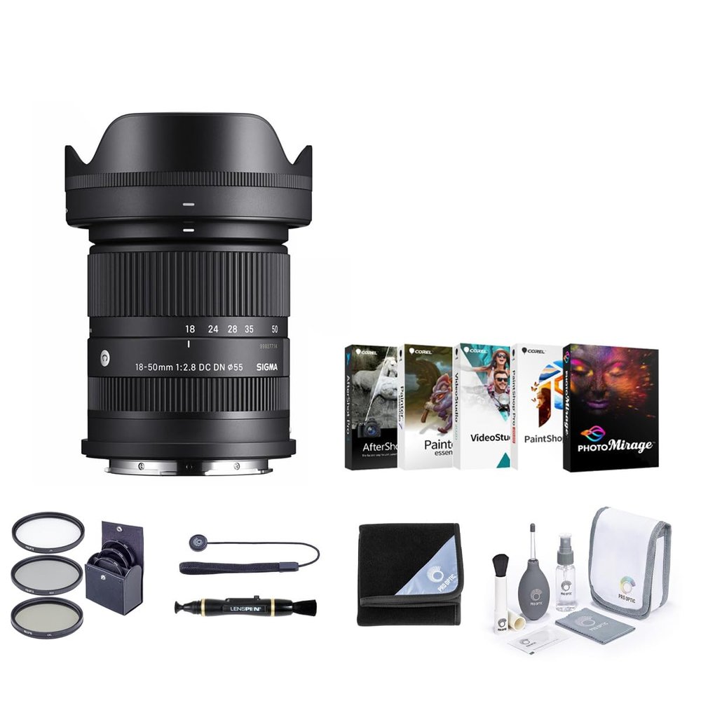 Sigma 18-50mm f/2.8 DC DN Contemporary Lens for Sony E Bundle with 55mm Filter Kit, Lens Cleaner, Lens Protection Wrap, Cap Tether, Software Kit, Cleaning Kit