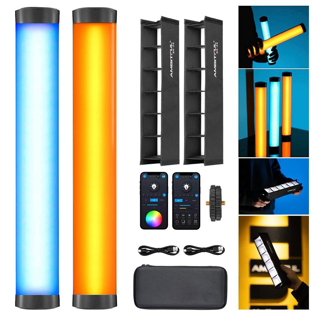 AMBITFUL A2 RGB LED Light Wand -Full Color Magnetic Video Light Stick,Handheld Tube Light with 29 Effects, 2500-8500K, 2500mAh, CRI 95+ for Photography, YouTube, TikTok (A2-K2 Kit)