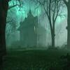 10x8FT Forest Night View Horror Backdrop Ghastly Green Moonlight Foggy Wood Haunted Castle Building Photography Background Party Poster Baby Shoot for Child Adults Party Decor Photo Studio Props view 1