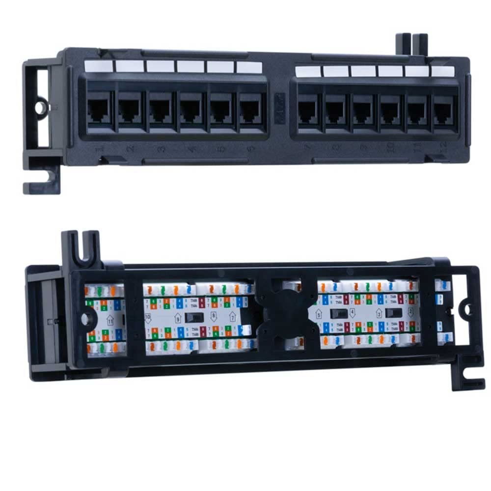 12 Port Cat6 UTP LAN Wall Mount Patch Panel Bracket RJ45 110 Type Terminal Blocks, Black