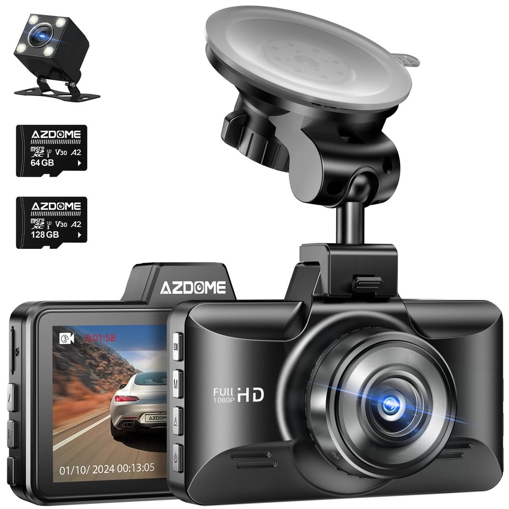 AZDOME M01 Pro Dual Dash Cam with 128GB SD Card