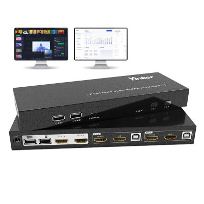 Yinker 4K@60Hz Dual Monitor KVM Switch 2 Ports, 2 Computers Share 2 Monitors, 4 USB 2.0 Hub, Hotkey Buttons, EDID (HDMI & USB Cables Included)