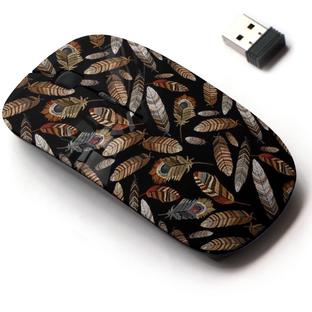2.4G Wireless Mouse with Cute Pattern Design for All Laptops and Desktops with Nano Receiver - Color Feathers Embroidery