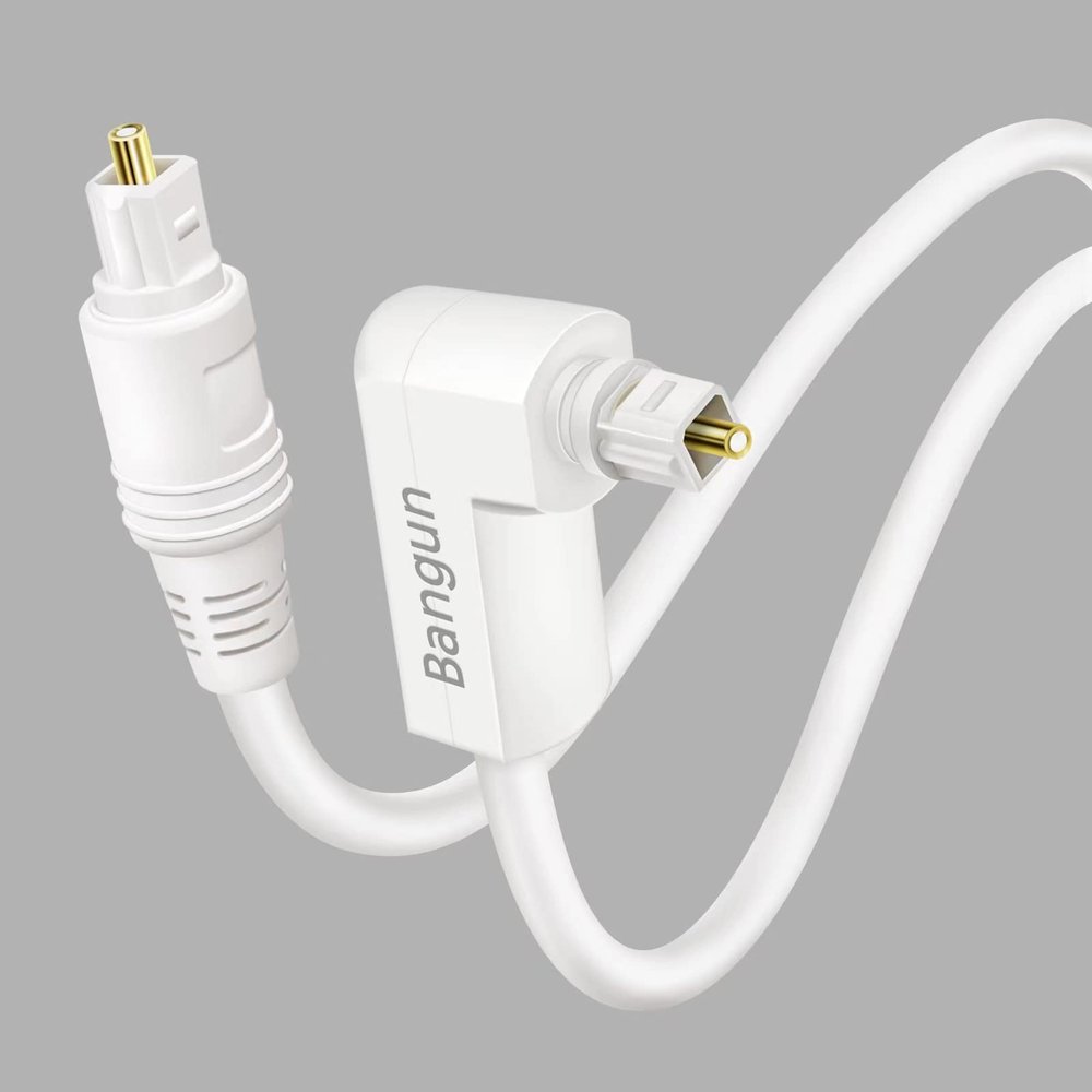 Bangun White Optical Audio Cable 20ft, Slim 90 Degree Digital Audio Optical Cord, SPDIF Toslink Right Angle Fiber Optic Audio Cable, Digital Sound Cord for Sound Bar/TV/PS4/Xbox/Home Theater