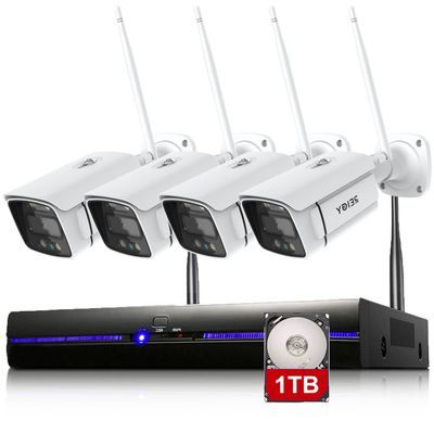 REIGY 3MP WiFi Security Camera System with Floodlight and 1TB Hard Drive Preinstalled, 2K Outdoor Home Surveillance Set 8CH NVR + 4X 1296P IP Cam, 2-Way Audio Color Night Vision Motion Detection