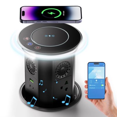 German Technology Motorized Pop Up Outlet for Countertop 15W Wireless Charger, Countertop Electrical Outlet with 3AC Outlets & 2USB Ports(20W PD),APP Remote Control and Speaker,Free 4.92 inch Hole Saw