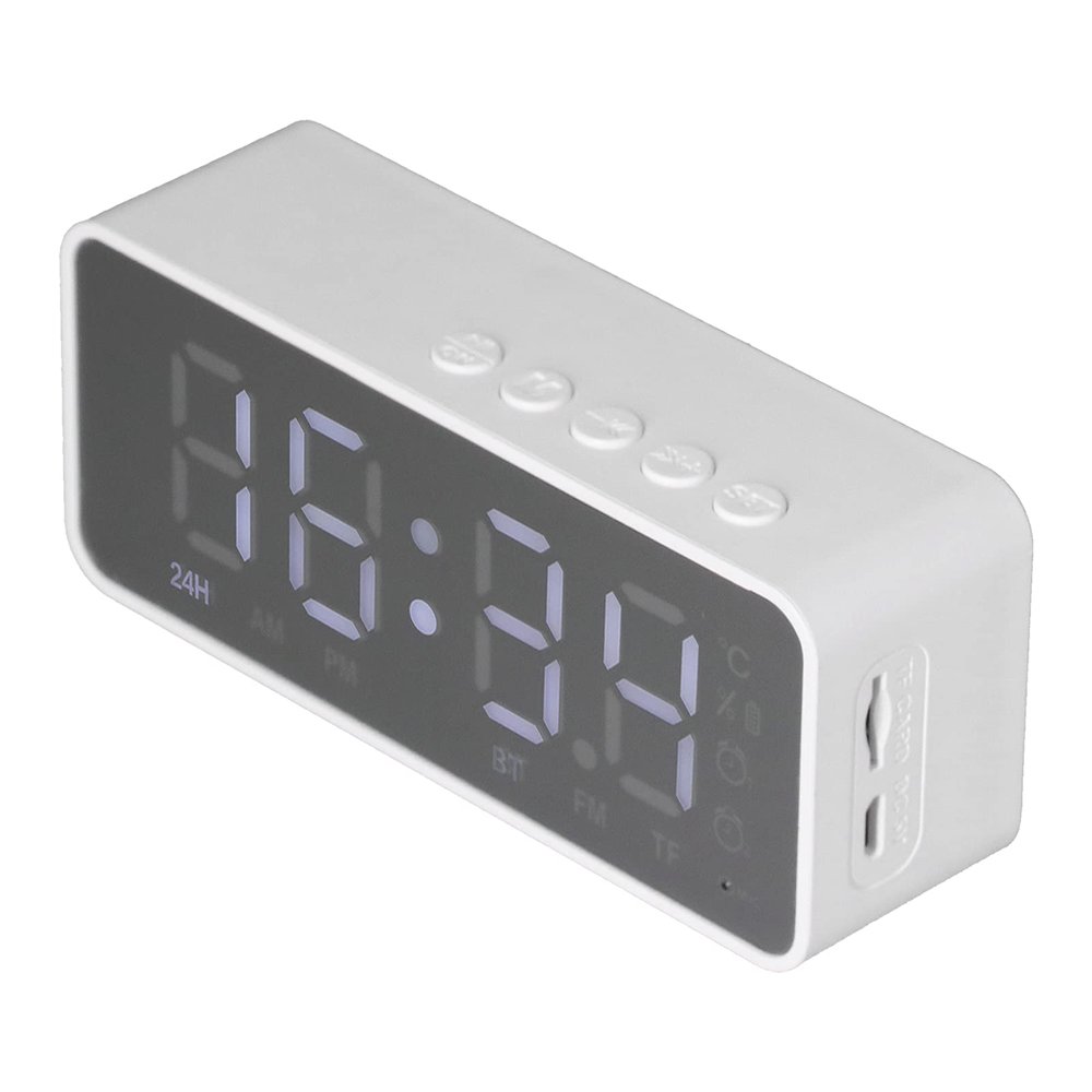 ciciglow Alarm Clock with Bluetooth Speaker, Speaker Charging Power Bank Beside with Mirror/Display Dual Alarm Clock/Temperature/FM/Phone Calls, Support Memory in for Office