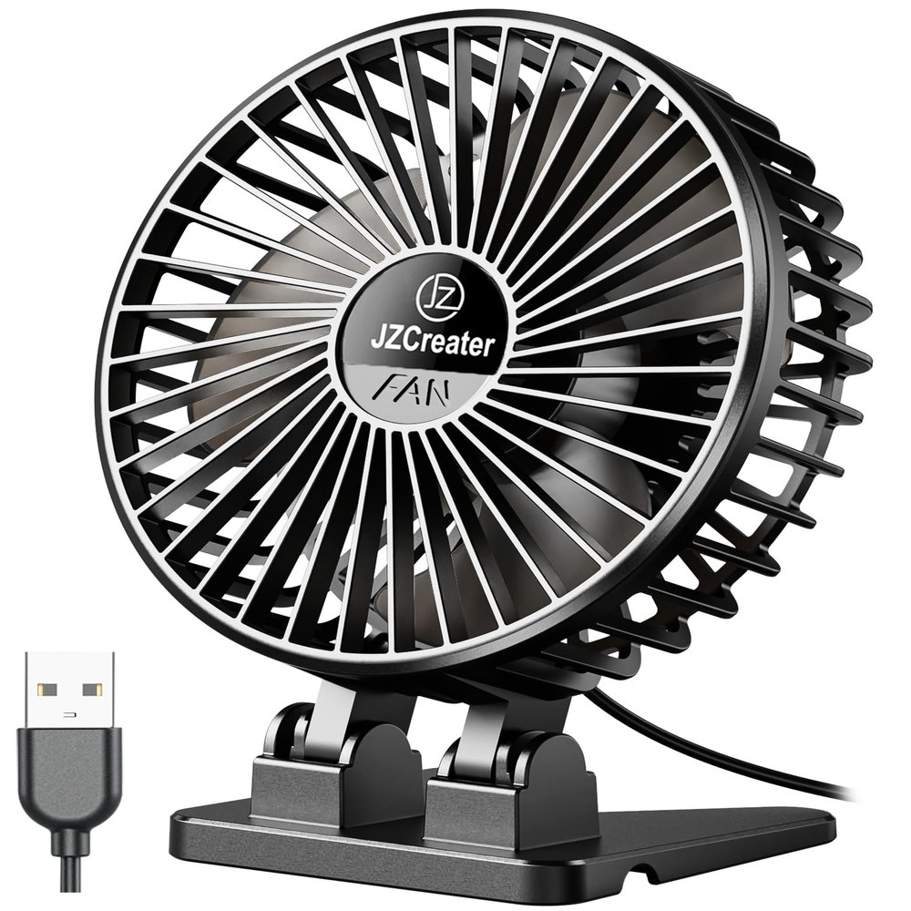 JZCreater USB Desk Fan, Mini Portable, 3 Speeds Desktop Table Cooling, Plug in Power, Rotation Strong Wind, Quiet Personal Small for Home Office Travel Bedroom, Black