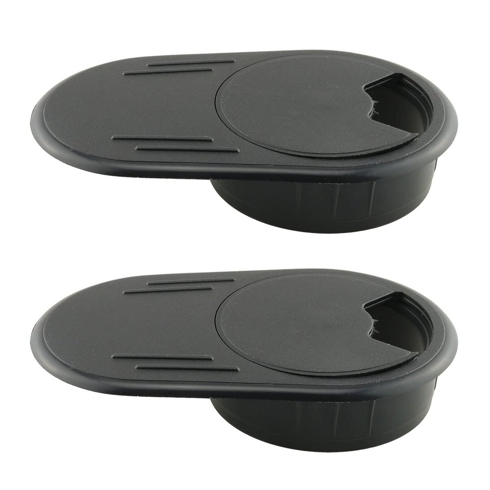 HJGarden 2PCS 60mm Oval Desk Grommets, Oval Desk Gasket with Lid, Desk Wire Cord Cable Grommets Hole Cover for Office PC Desk Cable Cord Organizer Plastic Cover, Black