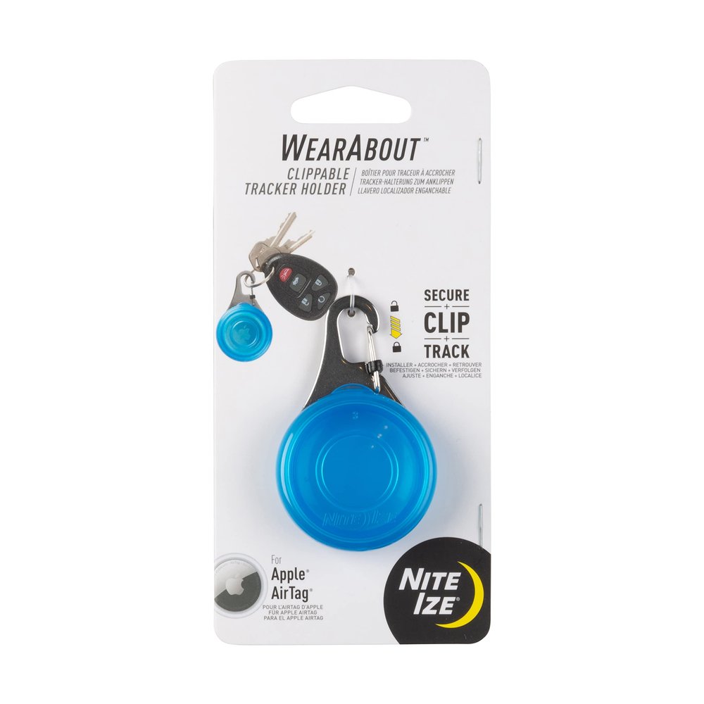 Nite IZE Wearabout Clippable Tracker Holder, Apple AirTag Holder with Locking Carabiner, Locate Keys, Luggage and More, Blue