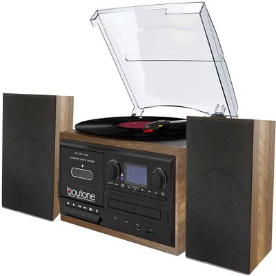 Boytone BT-58W Bluetooth Classic Record Player Turntable All-in-One with AM/FM Radio, CD/Cassette Player, 2 Separate Stereo Speakers, Record Vinyl, Radio and Cassette to MP3, SD, USB, AUX, Walnut Wood
