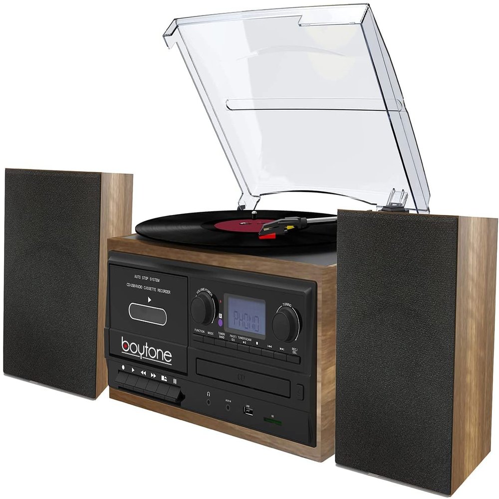 Boytone BT-58W Bluetooth Classic Record Player Turntable All-in-One with AM/FM Radio, CD/Cassette Player, 2 Separate Stereo Speakers, Record Vinyl, Radio and Cassette to MP3, SD, USB, AUX, Walnut Wood