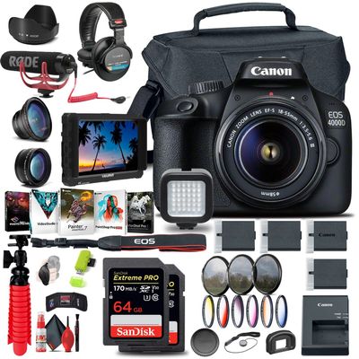 Canon EOS 4000D / Rebel T100 DSLR Camera with 18-55mm Lens + 4K Monitor + Mic + Headphones + 2 x 64GB Card + Filter Kit + Case + Photo Software + 3 x LPE10 Battery + More (Renewed)